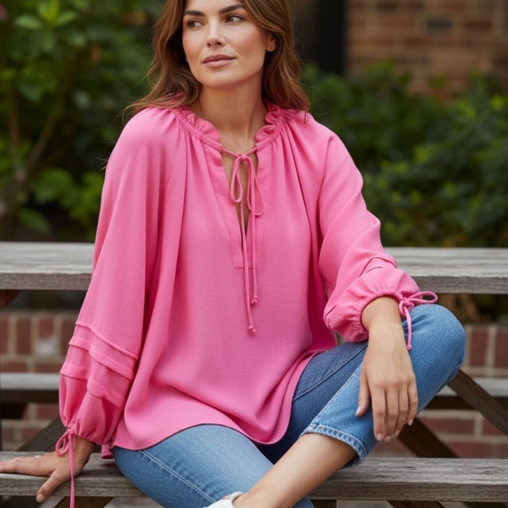 Alexis Sz L Pink Tie Neck Balloon Sleeve Blouse Boho Romantic Designer Top